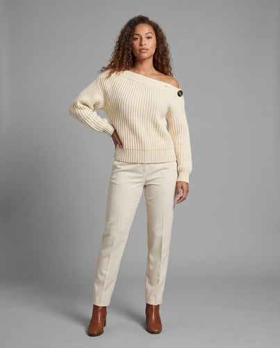 Damen Oversize Off-Shoulder Grobgerippter Pullover mit Ballonärmeln und lässiger Schulterpartie Drune
