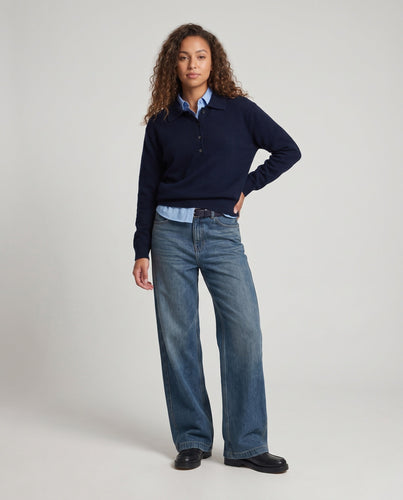 Damen Polokragen-Pullover mit Knopfleiste und lockerer Passform Drune