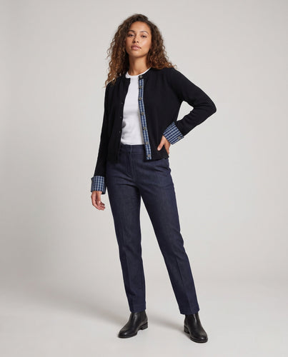 Damen Zweiteiliges Layering-Set aus geripptem Cardigan mit Karomanschetten und High‑Waist Rib-Shorts Drune