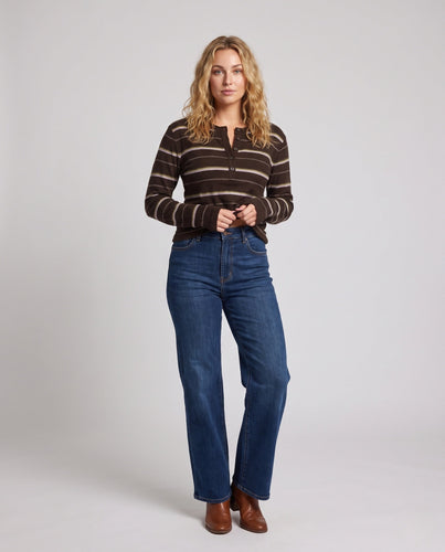 Damen Fein gestreiftes Henley-Longsleeve aus weichem Baumwollmix Drune