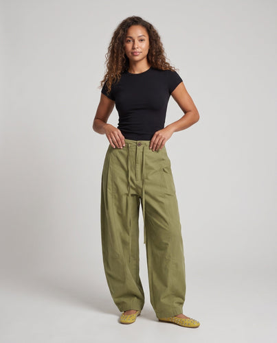 Damen Weite Cotton‑Twill Cargohose mit Tunnelzugbund, Teilungsnähten und legerer Silhouette Drune