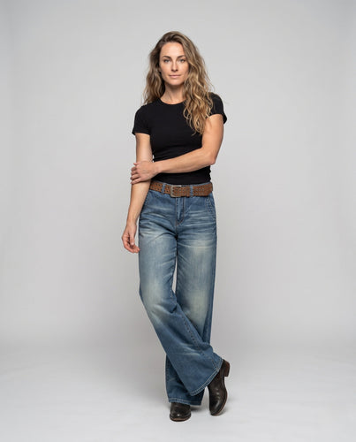 Damen Weite hochtaillierte Denim‑Palazzohose mit Used‑Wäscheffekt Drune