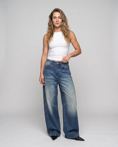 Damen weite Jeanshose mit hohem Bund und markanter Seitennaht Drune