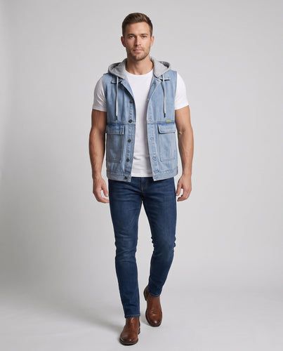 Herren Ärmellose Jeansweste mit Jersey-gefütterter Kapuze und aufgesetzten Utility-Taschen Drune