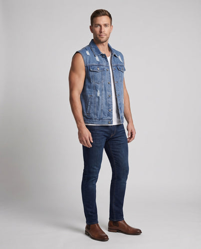 Herren Ärmellose Jeansweste mit Used-Effekten und Brusttaschen Drune
