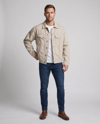 Herren Boxy-Denimjacke mit Druckknopfleiste, überschnittener Schulter und aufgesetzten Brustklappen Drune