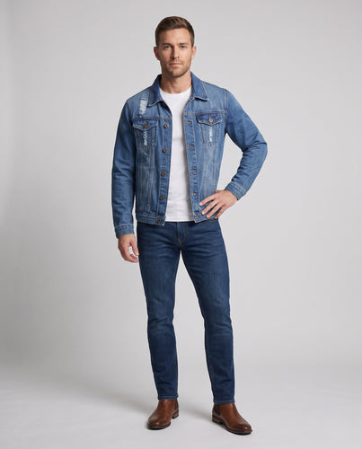 Herren Denim-Truckerjacke mit leichter Used-Optik und geradem Schnitt Drune