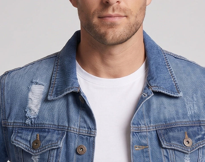 Herren Denim-Truckerjacke mit leichter Used-Optik und geradem Schnitt Drune