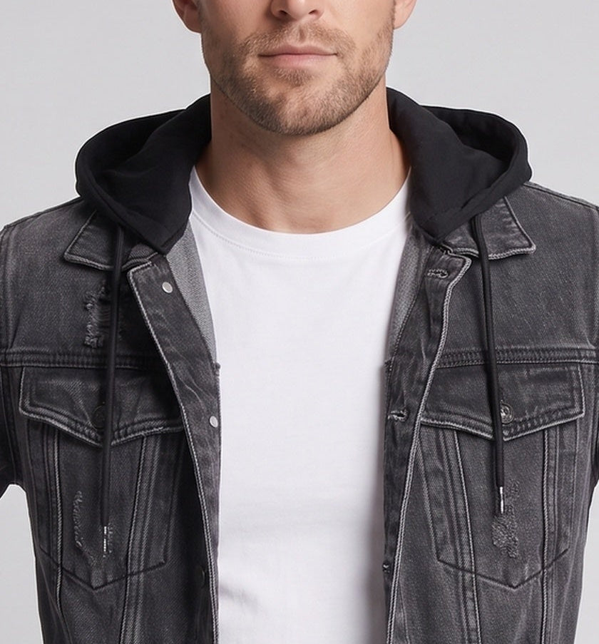 Herren Denimjacke im Layering-Look mit angenähter Jersey-Kapuze, Distressed-Details und geradem Schnitt Drune