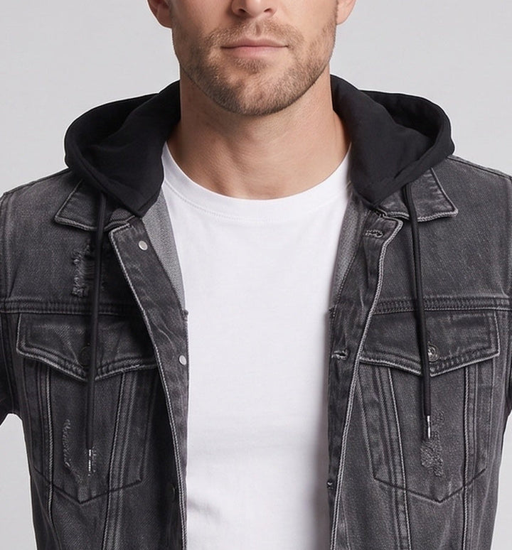Herren Denimjacke im Layering-Look mit angenähter Jersey-Kapuze, Distressed-Details und geradem Schnitt Drune