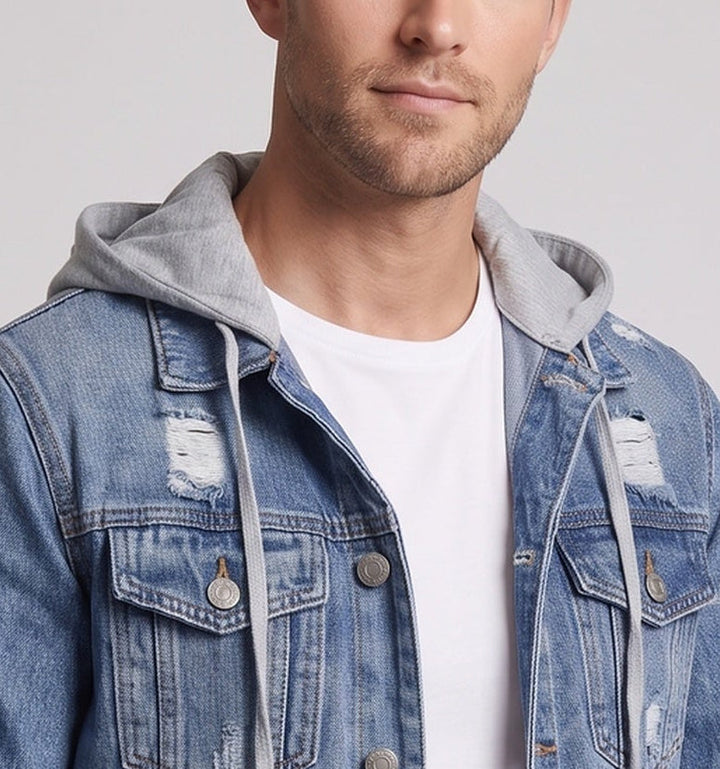 Herren Denimjacke mit angenähter Jersey-Kapuze, leichtem Used‑Effekt und Brusttaschen Drune