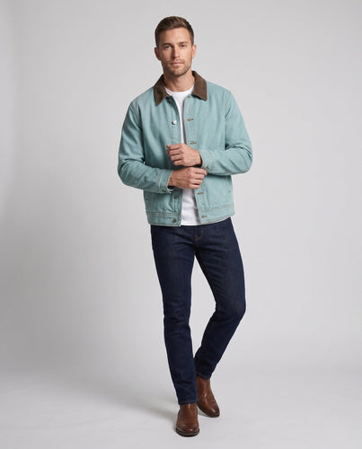 Herren Entspannte Denimjacke mit Kordkragen und Metall‑Druckknöpfen Drune