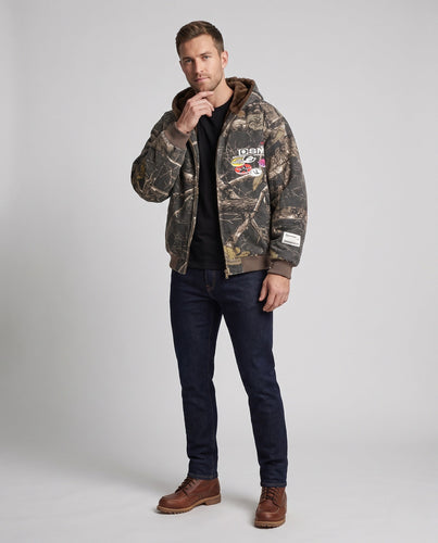 Herren gefütterte Camouflage-Kapuzenjacke im Bomberstil mit Teddyfutter und Patch-Details Drune
