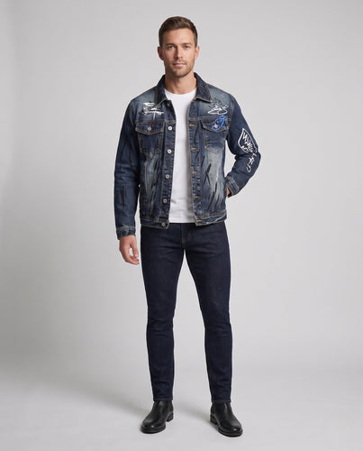 Herren Graffiti-Print Denimjacke im Trucker-Schnitt mit Used-Effekt Drune