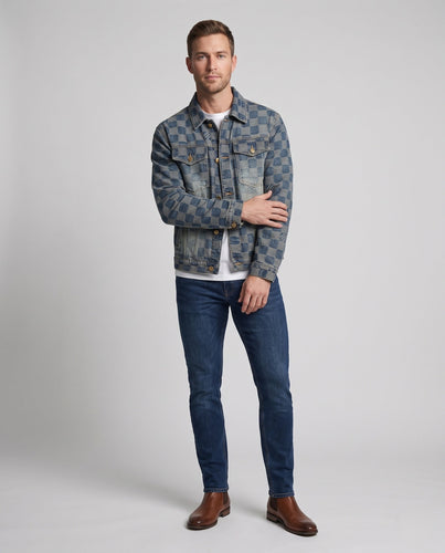 Herren Jeansjacke im Karo‑Checkerboard‑Design mit Overshirt‑Schnitt und goldfarbenen Knöpfen Drune