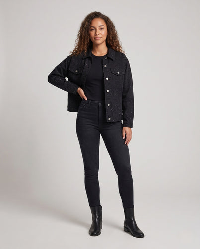 Unisex Oversized-Denimjacke mit Allover-Speckle‑Muster und Metall‑Druckknopfleiste Drune