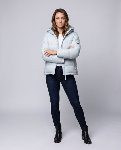 Damen Kurzjacke gesteppte Thermo-Pufferjacke mit Volumen-Kapuze Drune