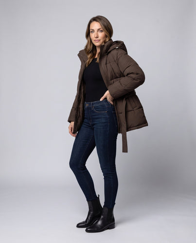 Damen Kurzparka-Steppjacke mit Taillengürtel & Kapuze Drune