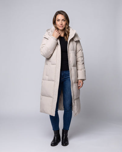 Damen Lange Oversize-Pufferjacke mit Kapuze, hohem Stehkragen und Thermowattierung Drune