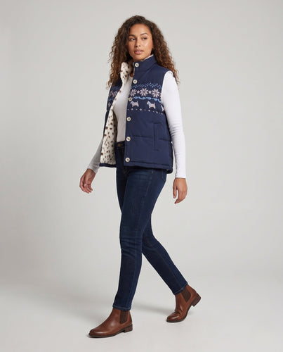 Damen Wendbare gesteppte Thermoweste mit Teddyfutter & Norwegermuster Drune