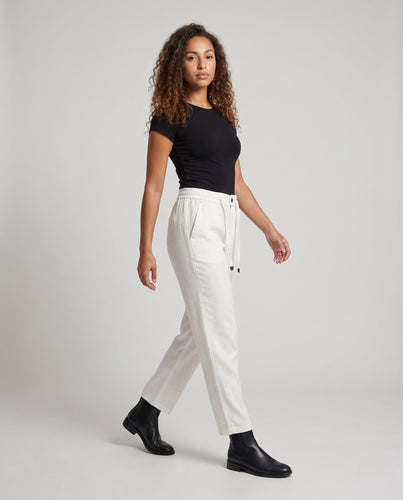 Damen Elegante Leinenoptik-Hose mit elastischem Bund, Kordelzug und Bügelfalte Drune