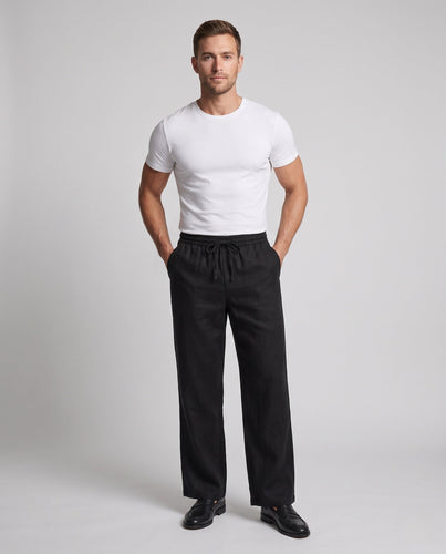 Herren Locker geschnittene Relax-Hose im Leinenlook mit Tunnelzug und geradem Saum Drune
