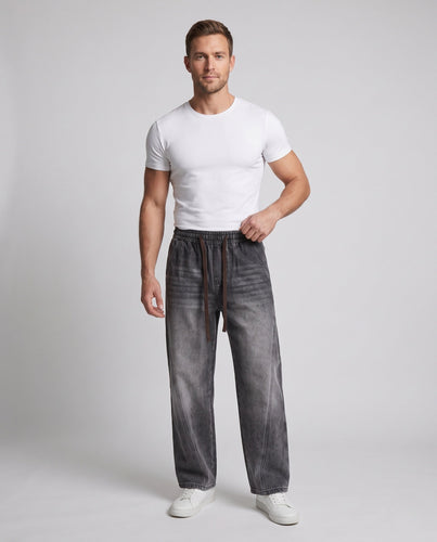 Herren weite Stonewash-Denimhose mit Kordelzug und Kontrastnähten Drune