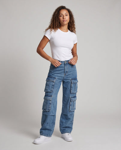 Damen Baggy-Cargo-Denim mit gestapelten Klappentaschen und Paneelnähten Drune