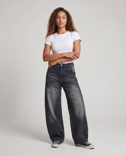 Damen Baggy-Palazzo-Jeans mit Paneelnähten, tiefem Schritt und Vintage-Finish Drune
