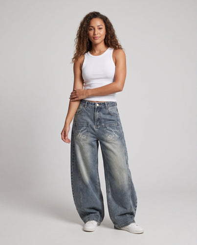 Damen Balloon-Baggy-Denim-Hose im Palazzoschnitt mit tiefem Schritt und aufgesetzten Fronttaschen Drune