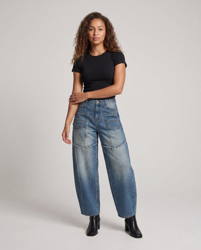 Damen Extraweite Patchwork-Denim-Palazzo-Hose mit tiefem Schritt und markanten Nahtpaneelen Drune