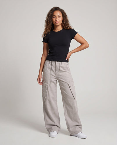 Damen Weite Cargo-Palazzo-Hose aus Soft-Denim mit Tunnelzugbund und übergroßen Klappentaschen Drune