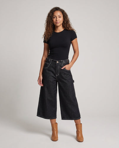 Damen Weite Denim-Culotte im Palazzoschnitt mit hohem Bund und Utility-Details Drune