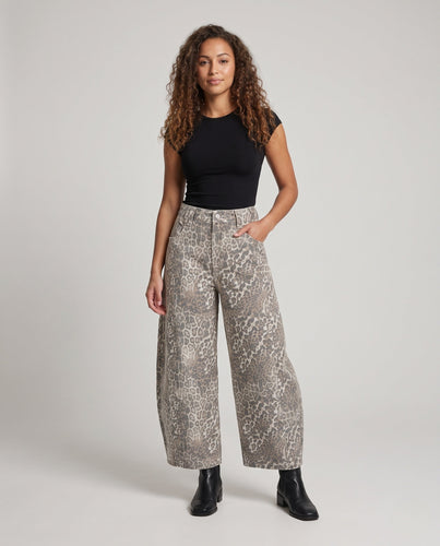 Damen weite Palazzo-Hose mit Leopardenmuster und lässigem Baggy-Schnitt Drune