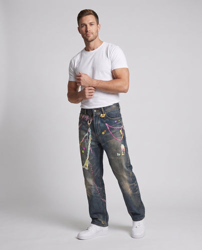 Herren Baggy-Denim-Jeans mit künstlerischer Ketten- und Perlendruck Drune