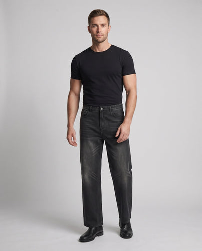 Herren Baggy Denim-Jeans mit Used-Waschung und tiefem Schritt Drune