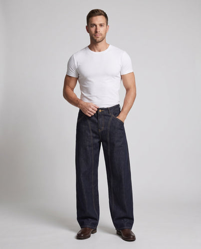 Herren Baggy-Jeans aus Rigid-Denim mit architektonischen Nahtpaneelen Drune