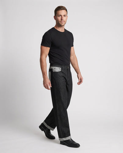 Herren Bodenlange Rohdenim-Palazzo-Jeans mit umgeschlagenem Saum und extra weitem Bein Drune