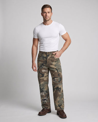 Herren Camouflage-Cargo-Pant im Baggy-Workwear-Look mit Destroyed-Details Drune