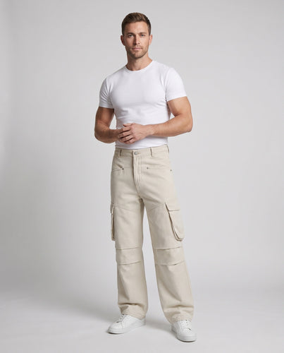 Herren Cargo-Palazzo-Hose mit weitem Bein, abgesteppten Kniepaneelen und großen Klapptaschen Drune