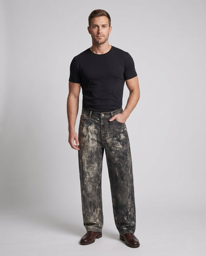 Herren Extraweit geschnittene Denim-Jeans im künstlerischen Patina-Look Drune