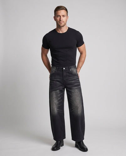Herren Extraweite Baggy-Denim-Palazzo-Jeans mit tiefem Schritt und starkem Stonewash Drune