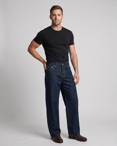 Herren Extraweite Denim-Palazzo-Hose mit Nietenverzierung an den Vordertaschen Drune