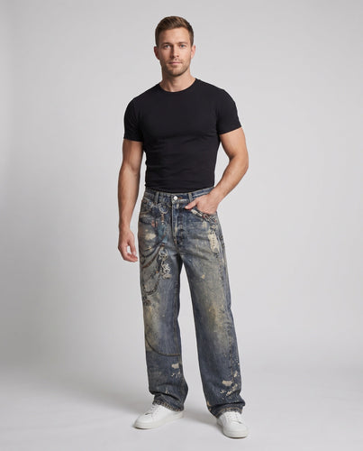 Herren Extraweite Jeans im Baggy-Schnitt mit farbbespritztem Used-Look und Kettenprint Drune