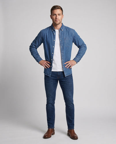 Herren Lockeres Denim-Hemd mit Brusttasche und klassischem Kragen Drune