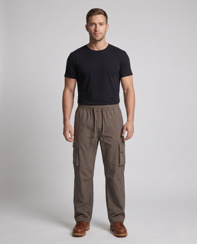 Herren Relaxed-Cargo-Hose mit Kordelbund, tiefem Schritt und großen Klappentaschen Drune