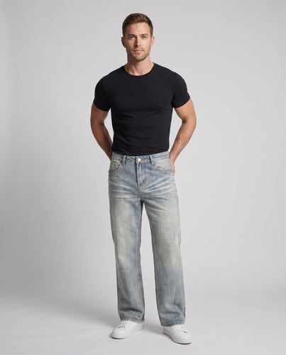 Herren Ultraweit geschnittene Vintage-Denim-Jeans mit Saumstapel und Whisker-Details Drune