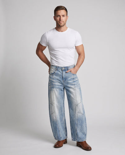 Herren Ultraweite Denim-Palazzo-Jeans mit markanter Faltenoptik und Ziernahtpaneelen Drune