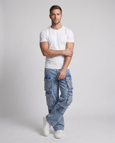 Herren weite Cargo-Denim-Palazzo-Hose mit mehrfachen aufgesetzten Klappentaschen Drune