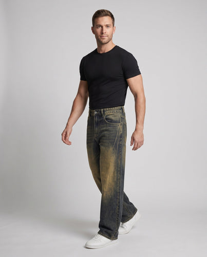 Herren Weite Denim-Hose mit geformter Schattenfärbung und bodenlangem Saum Drune